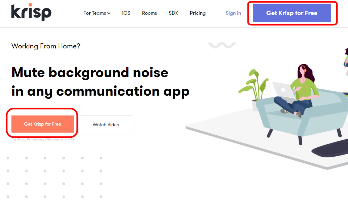 Krispのサイト（赤枠で囲ったGet Krisp for Freeボタンをクリック）